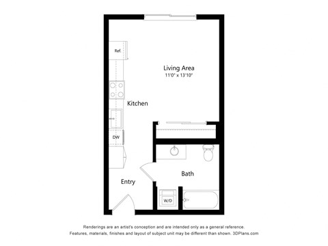 Floor plan for studio, 1 bath, 432 sqft